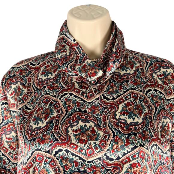 Vtg Jessica Lynn Blouse 8 Silky Polyester Red Green Floral Twisted Turtleneck - Picture 2 of 16